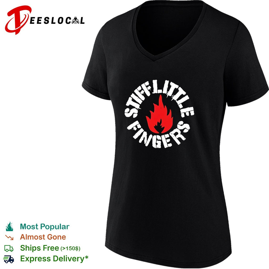 Stiff Little Fingers circular badge logo with flame emblem centered inside shirt