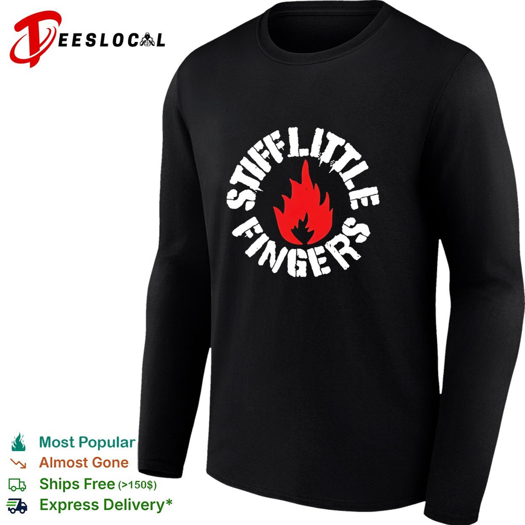 Stiff Little Fingers circular badge logo with flame emblem centered inside shirt