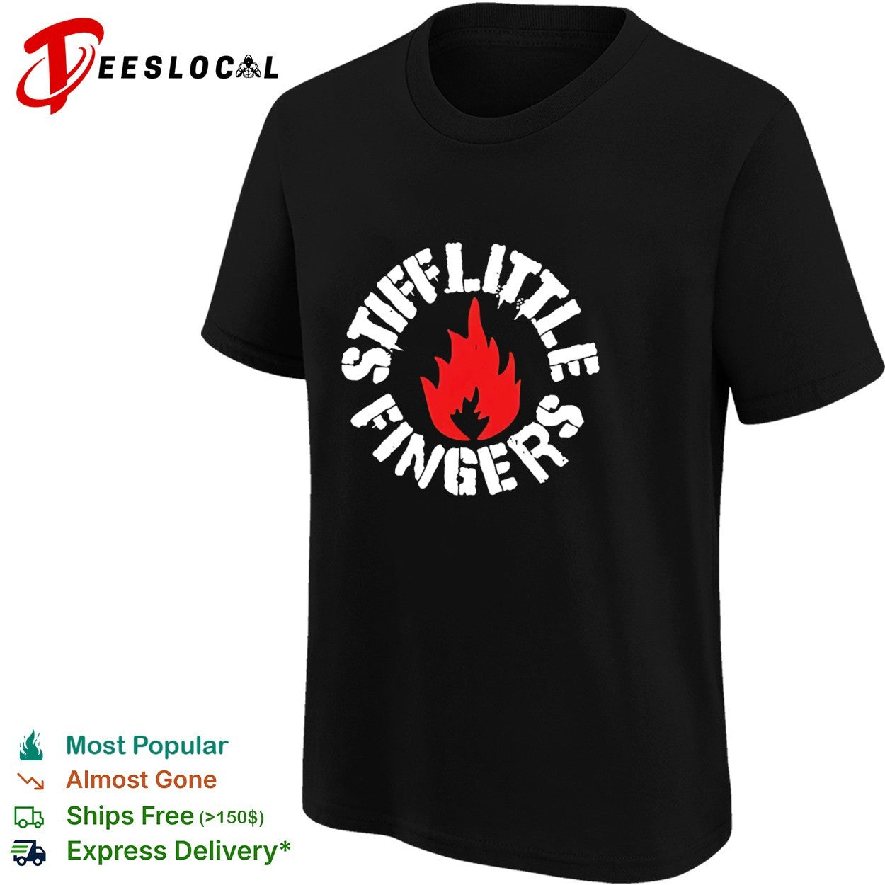 Stiff Little Fingers circular badge logo with flame emblem centered inside shirt