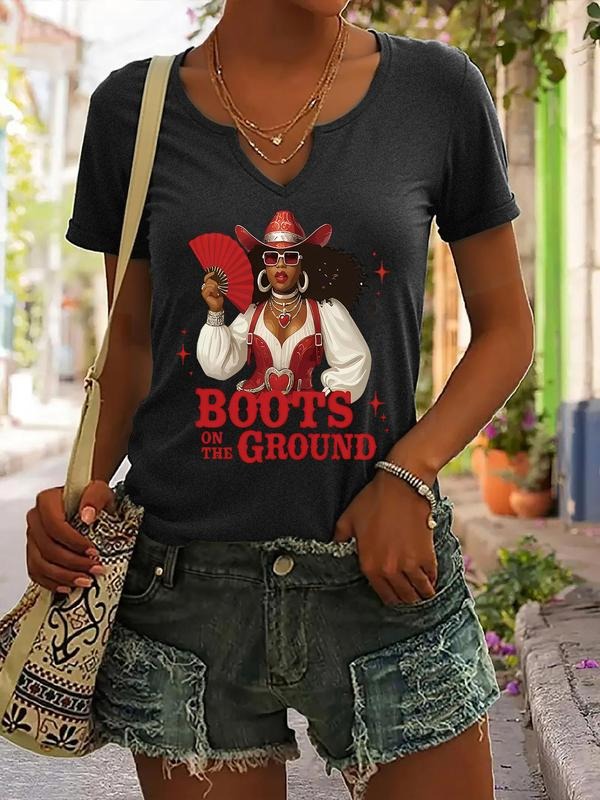 Stylish Women's Graphic T-Shirt with Boots on the Ground Print, Casual Summer V Neck Short Sleeve Top, Trendy Women's Fashion