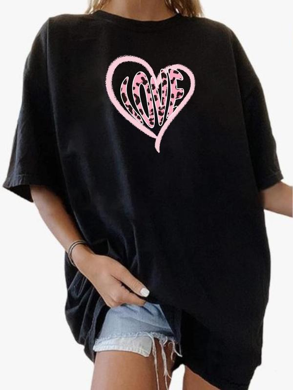 Summer Clothes Women's Heart Print Drop Shoulder Tee, Casual Half Sleeve Round Neck T-shirt for Summer, Galentine Party Outfit, Women's Top for Daily Streetwear