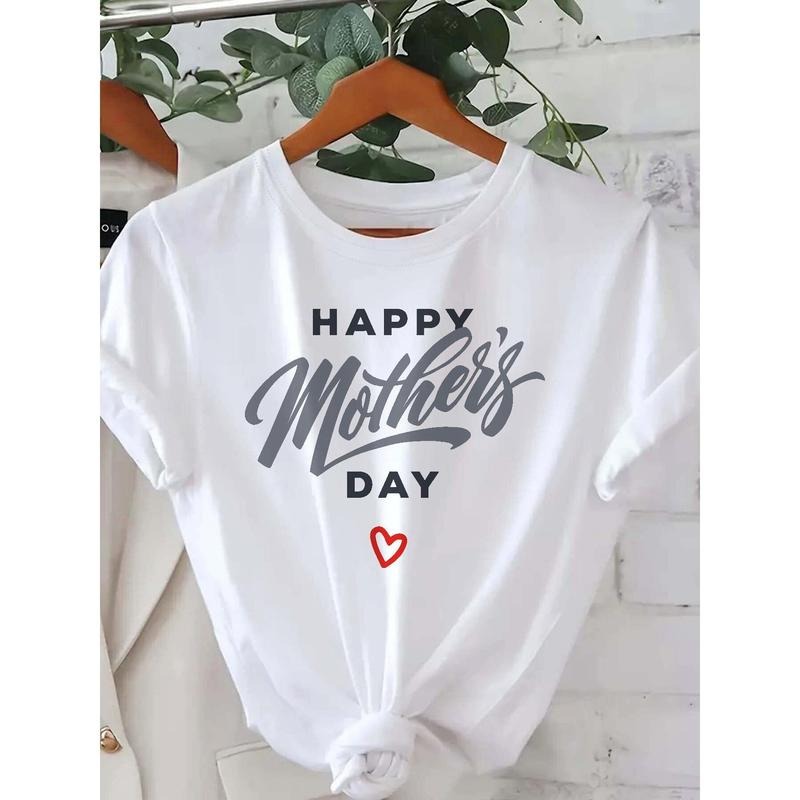 Women's Casual Short Sleeve T-Shirt - Happy Mother's Day Print, White with Black Background, Soft Polyester Blend, Round Neck, Spring/Summer Collection, Seasonal Fashion | Heartfelt Design | Knit Texture, Ladies T Shirts