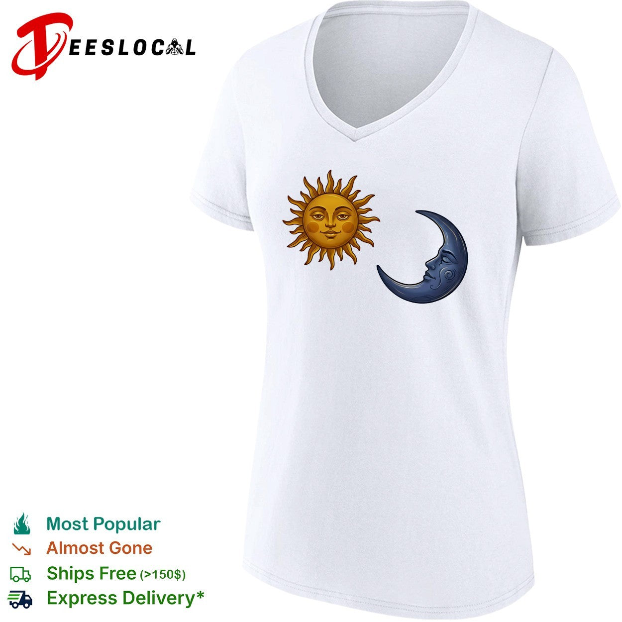 Sun face and crescent moon face celestial pair illustration graphic art shirt