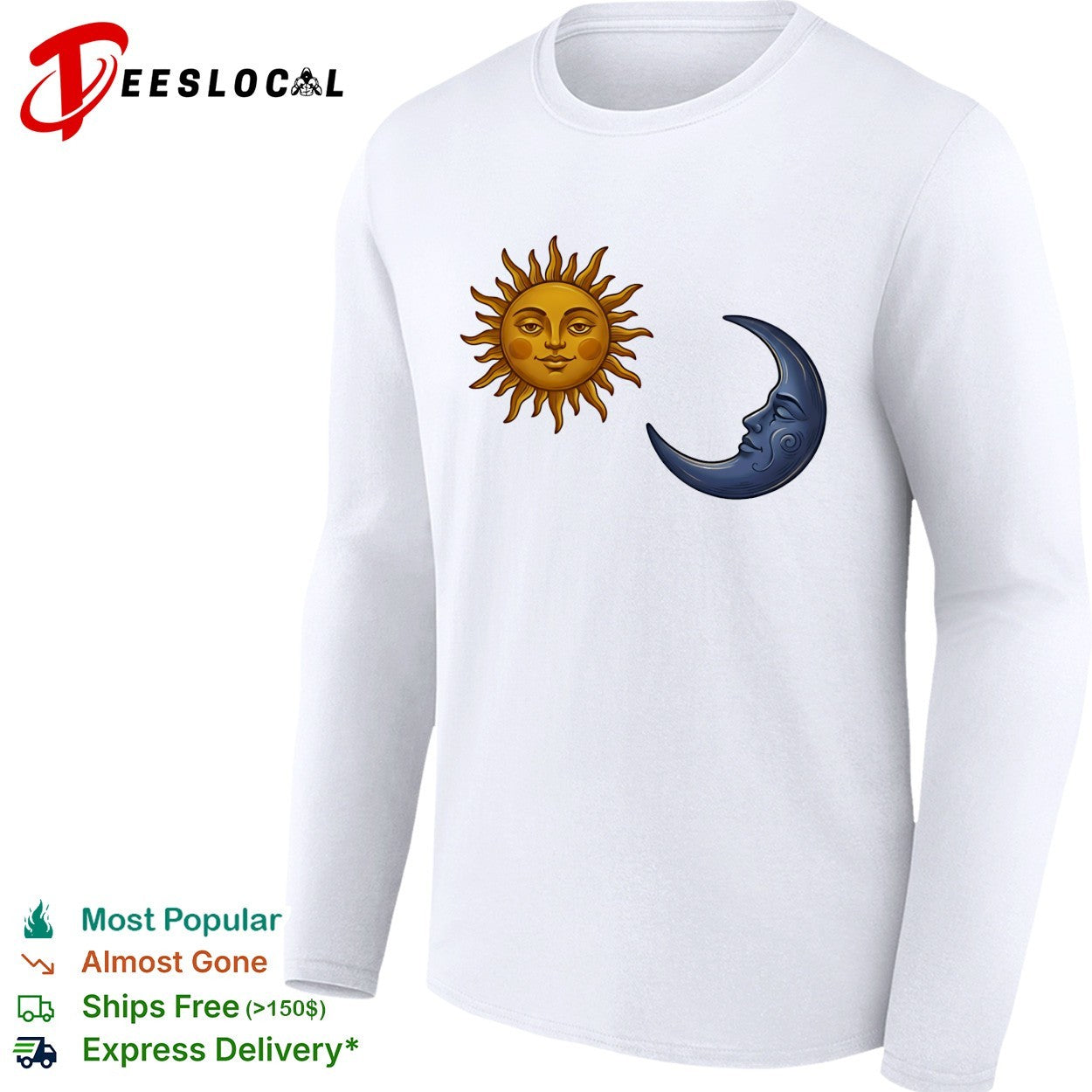 Sun face and crescent moon face celestial pair illustration graphic art shirt