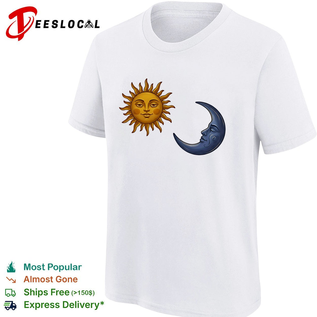 Sun face and crescent moon face celestial pair illustration graphic art shirt