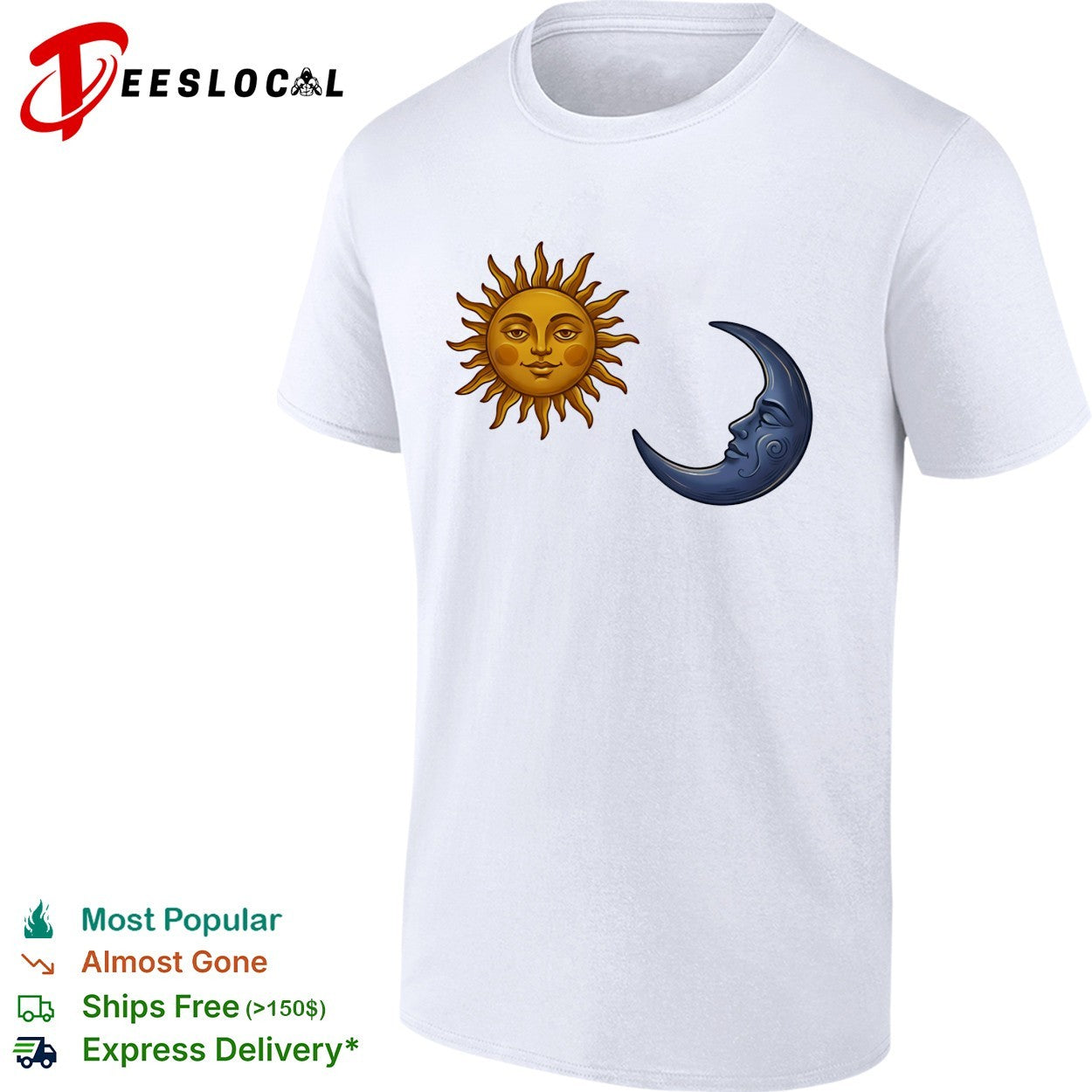 Sun face and crescent moon face celestial pair illustration graphic art shirt