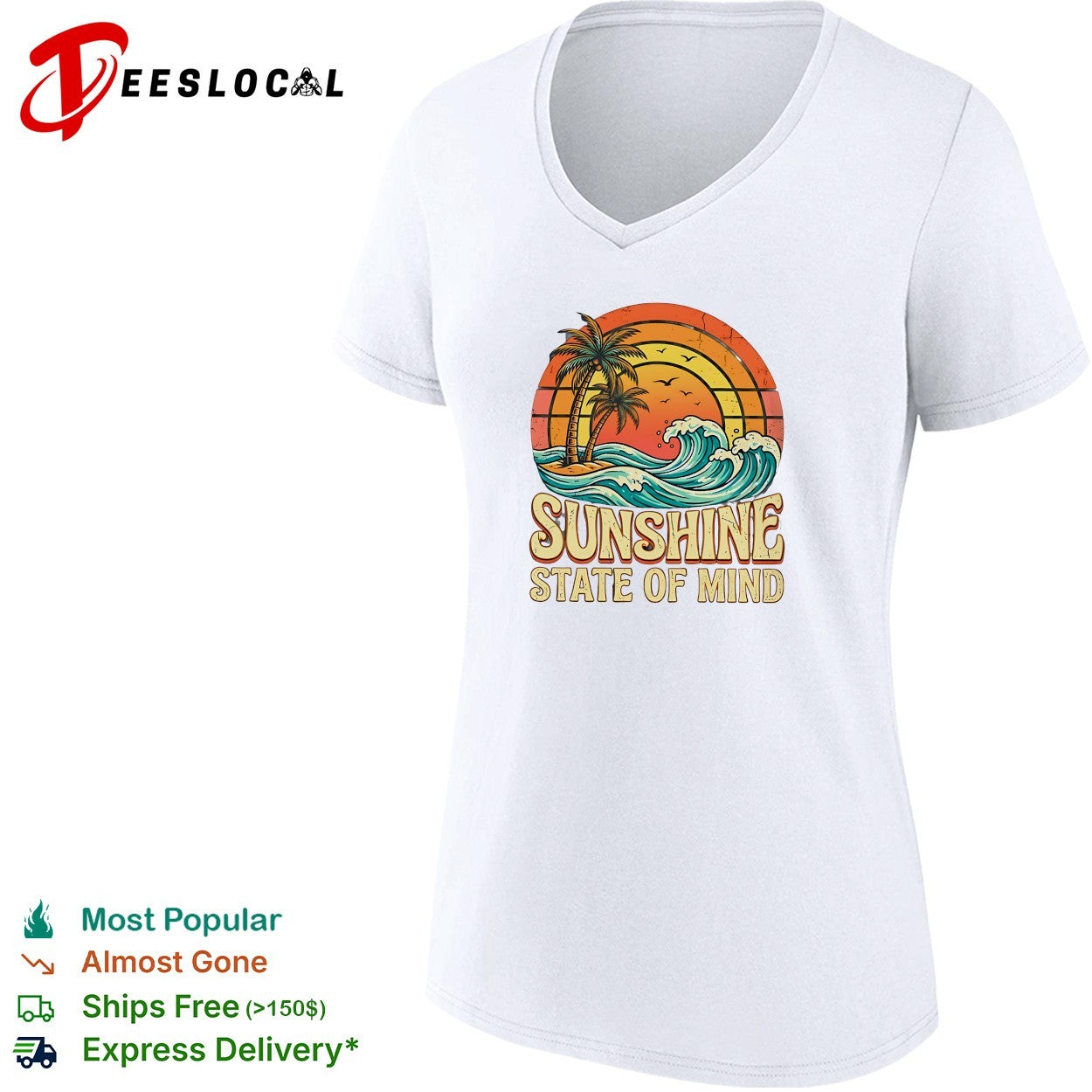 Sunshine state of mind palm trees and crashing waves retro sunset poster shirt