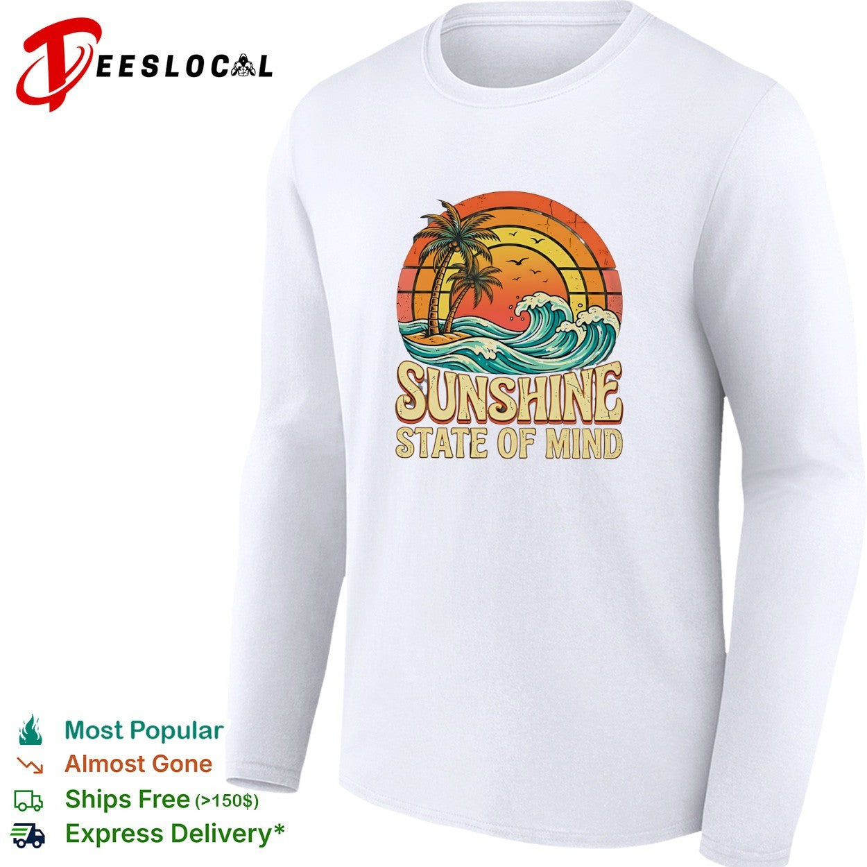 Sunshine state of mind palm trees and crashing waves retro sunset poster shirt