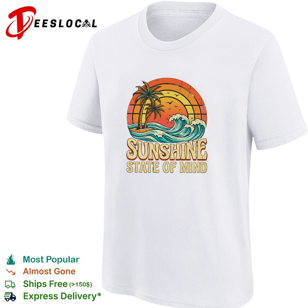 Sunshine state of mind palm trees and crashing waves retro sunset poster shirt