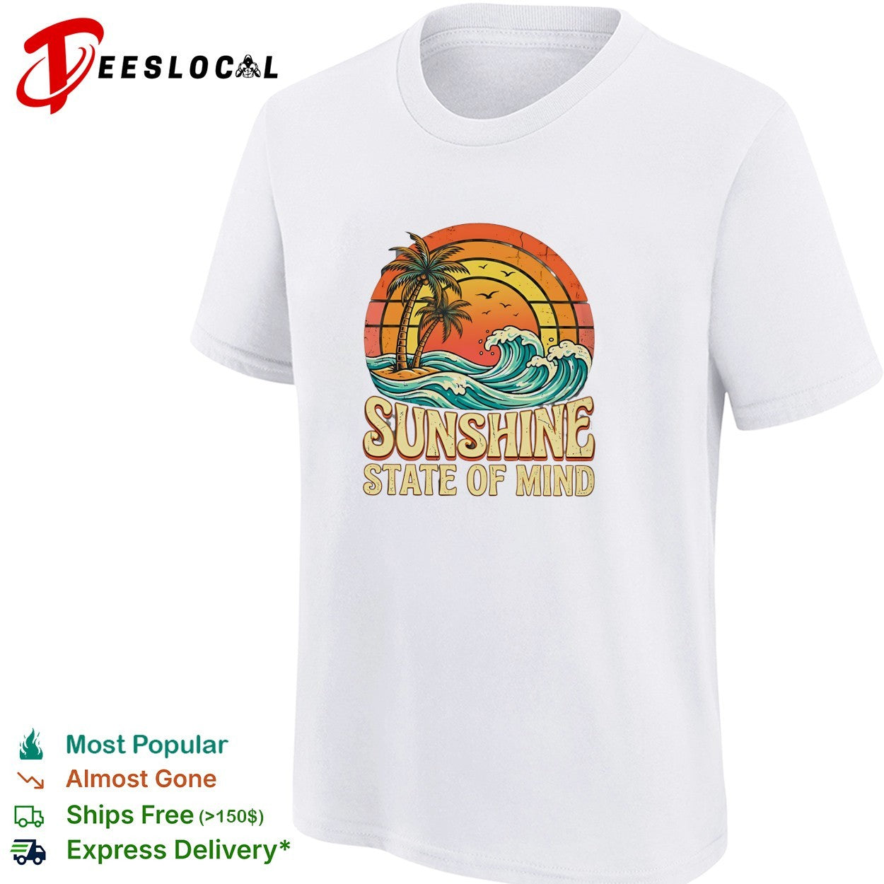 Sunshine state of mind palm trees and crashing waves retro sunset poster shirt