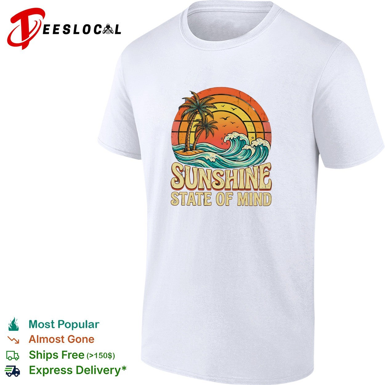 Sunshine state of mind palm trees and crashing waves retro sunset poster shirt