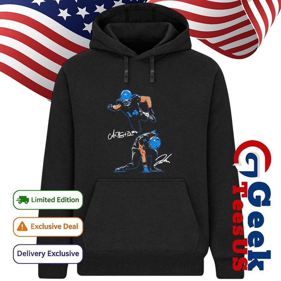 Superheroes Amon-Ra St. Brown and Jahmyr Gibbs Detroit Lions football signature shirt