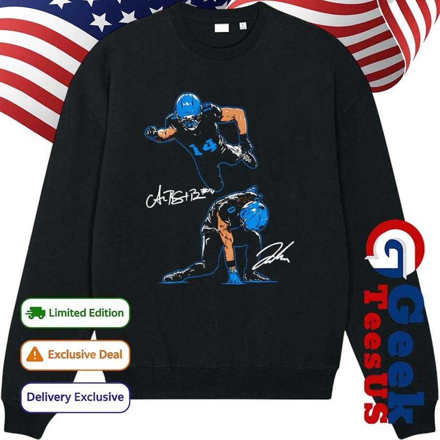 Superheroes Amon-Ra St. Brown and Jahmyr Gibbs Detroit Lions football signature shirt