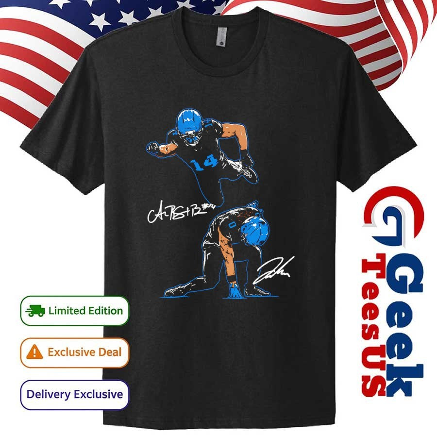 Superheroes Amon-Ra St. Brown and Jahmyr Gibbs Detroit Lions football signature shirt