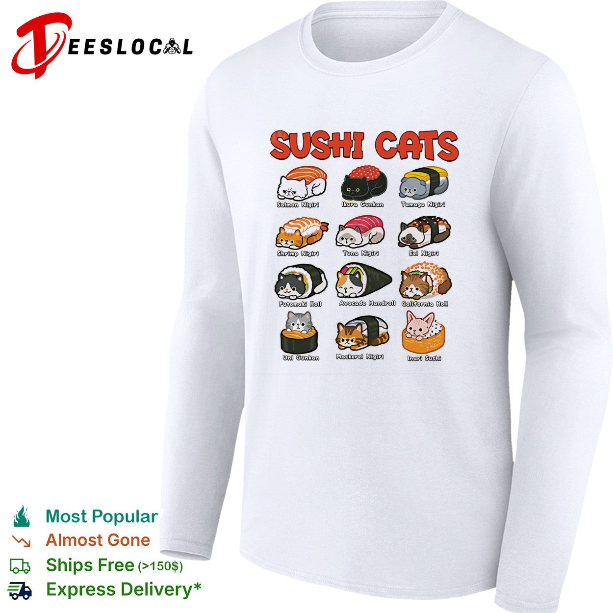 Sushi Cats Salmon Nigiri Tamago Nigiri Shrimp Nigiri Futomaki Roll Avocado Handroll shirt