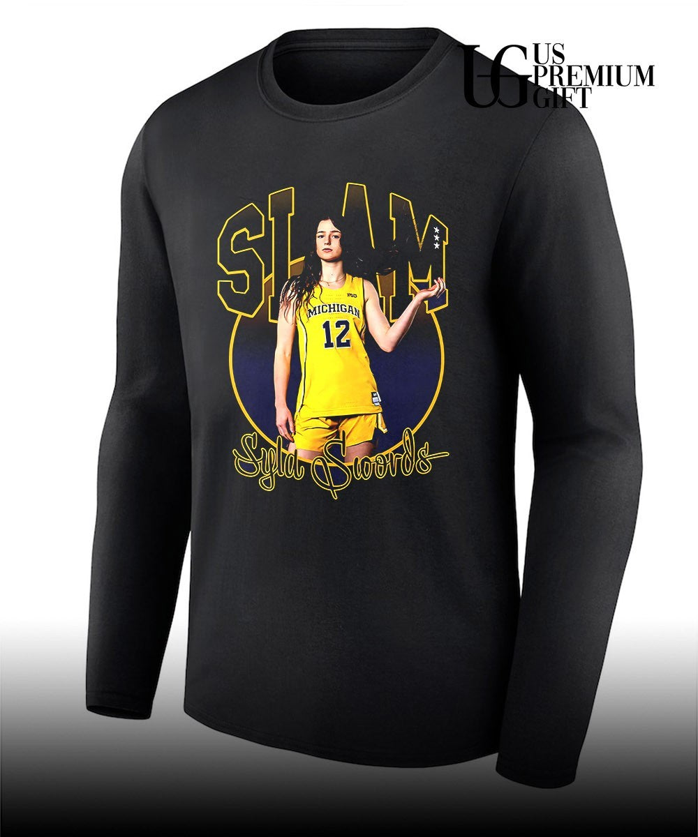 Syla Swords Michigan Wolverines women’s basketball SLAM pose shirt