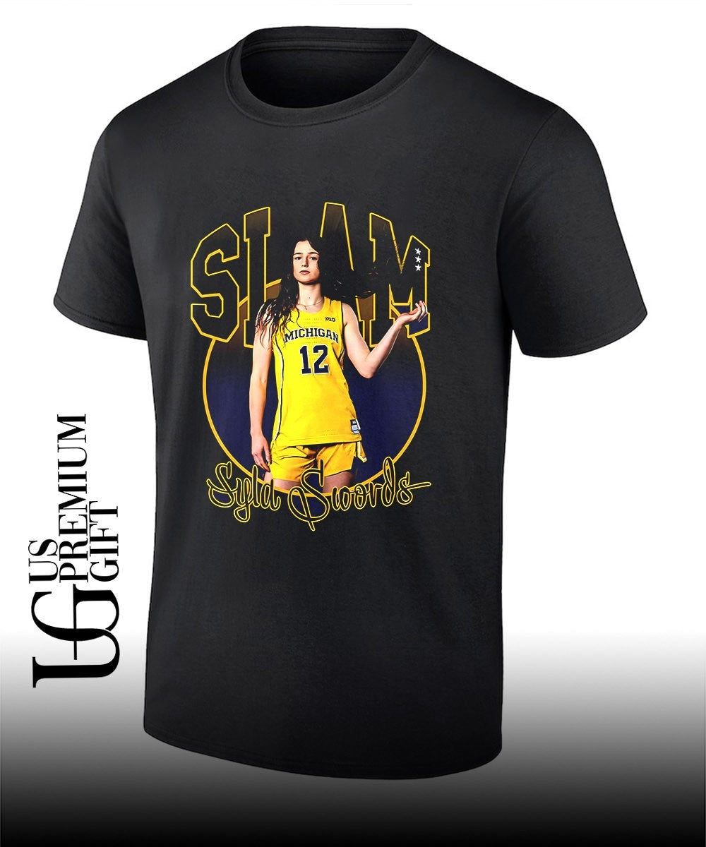 Syla Swords Michigan Wolverines women’s basketball SLAM pose shirt