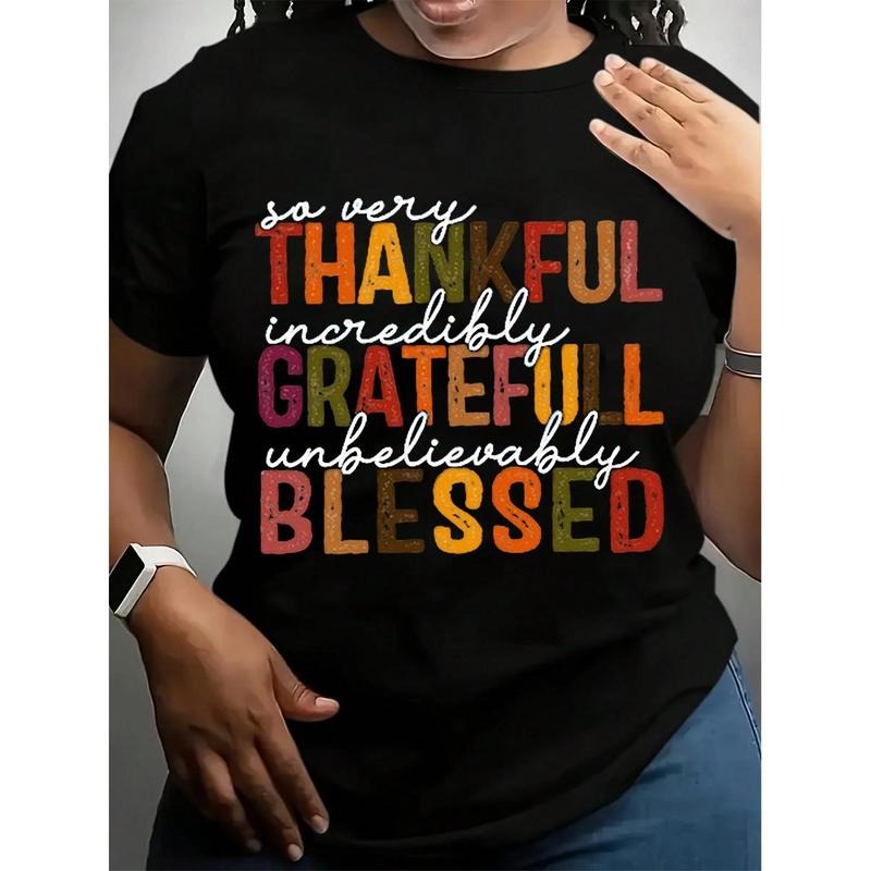 Thankful Grateful Women's Graphic T-Shirt Inspirational Quotes Soft Cotton Tee For Everyday Wear Casual Style Plus Fit Womenswear Short Sleeve Round Neck Knitted Fabric Top Streetwear Tshirt Piece Shortsleeve White