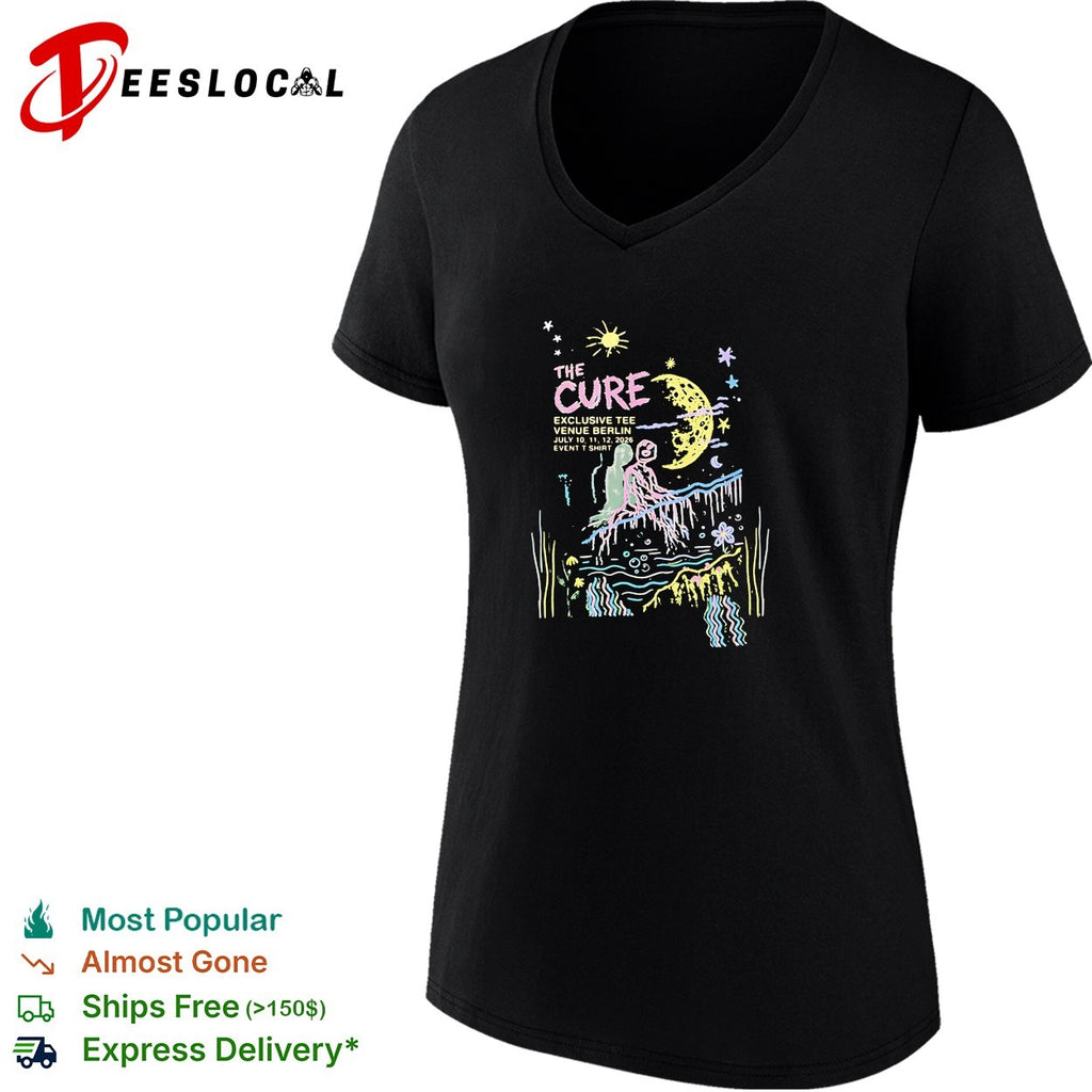 The Cure exclusive Berlin tour poster figures sitting beneath crescent moon shirt