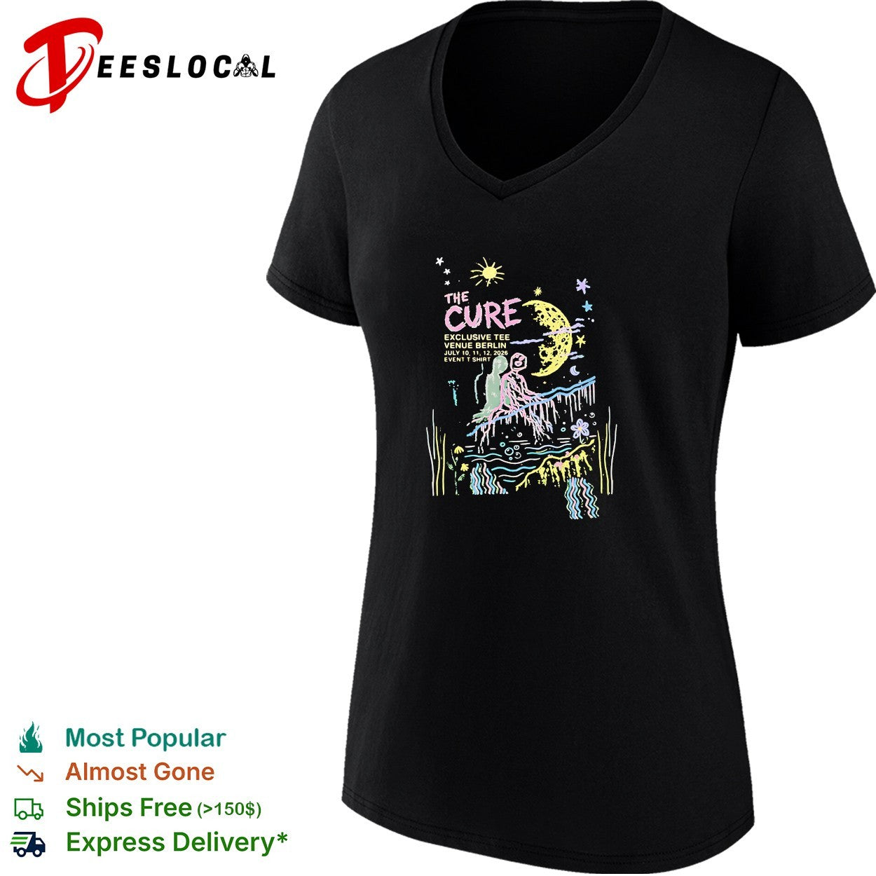 The Cure exclusive Berlin tour poster figures sitting beneath crescent moon shirt