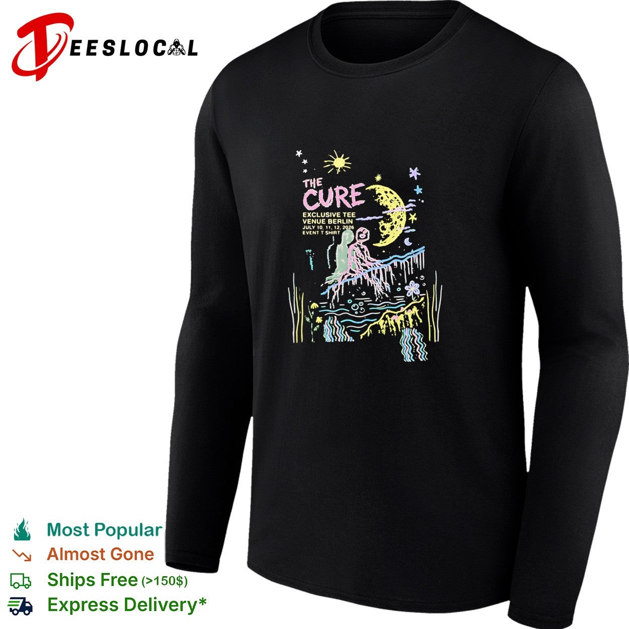 The Cure exclusive Berlin tour poster figures sitting beneath crescent moon shirt