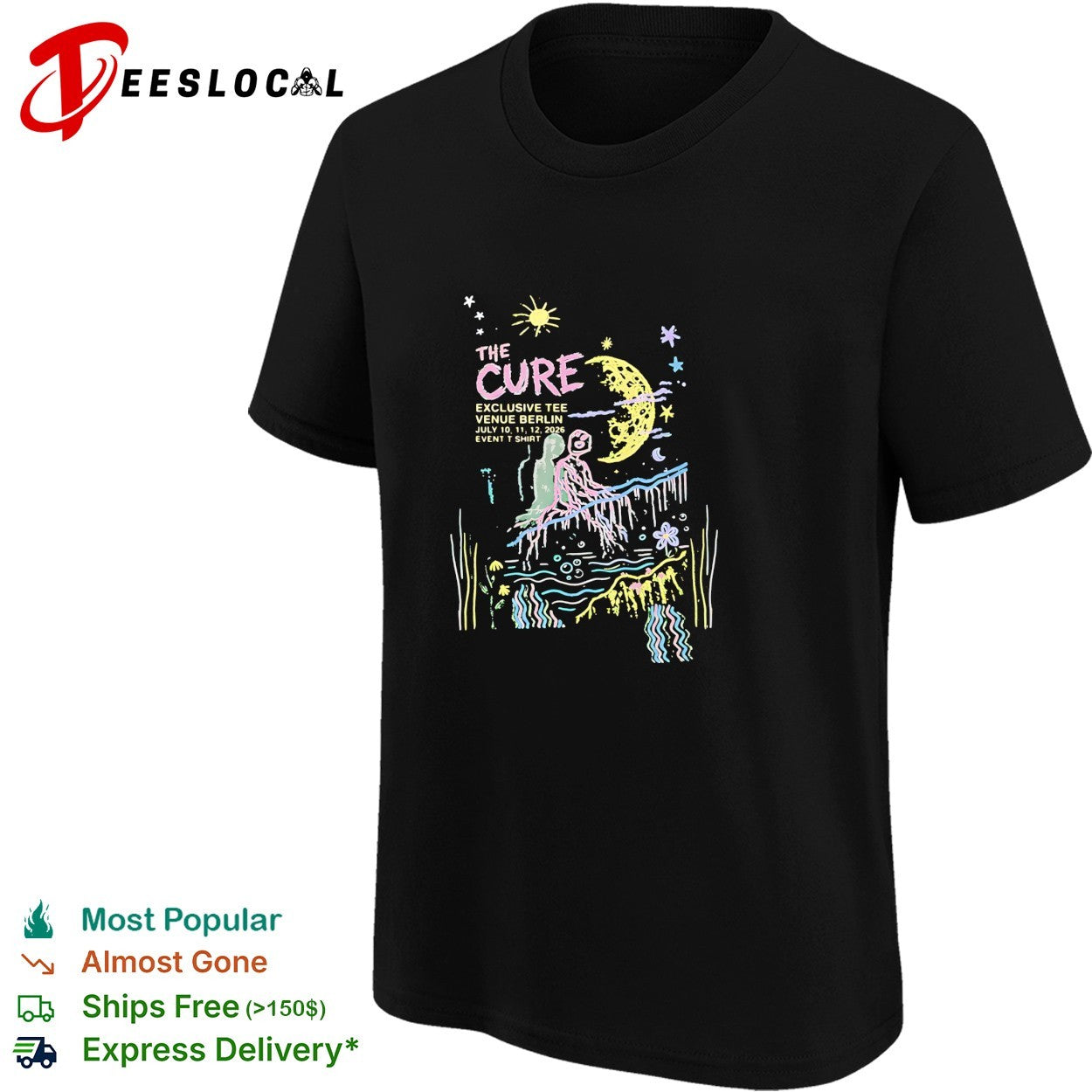 The Cure exclusive Berlin tour poster figures sitting beneath crescent moon shirt