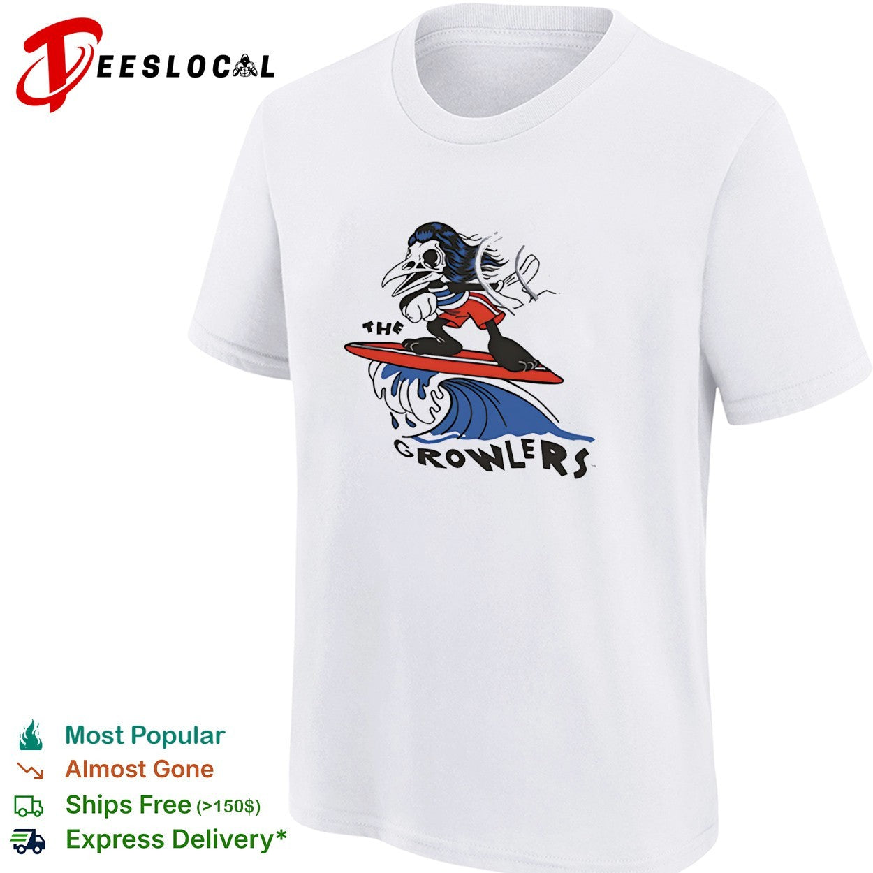 The Growlers surfing bird skeleton mascot shirt