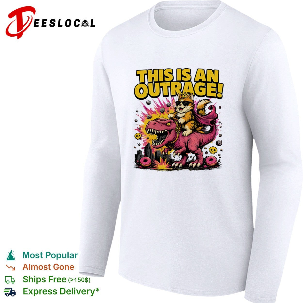 This Is an Outrage Cat Riding a T-Rex dinosaur shirt