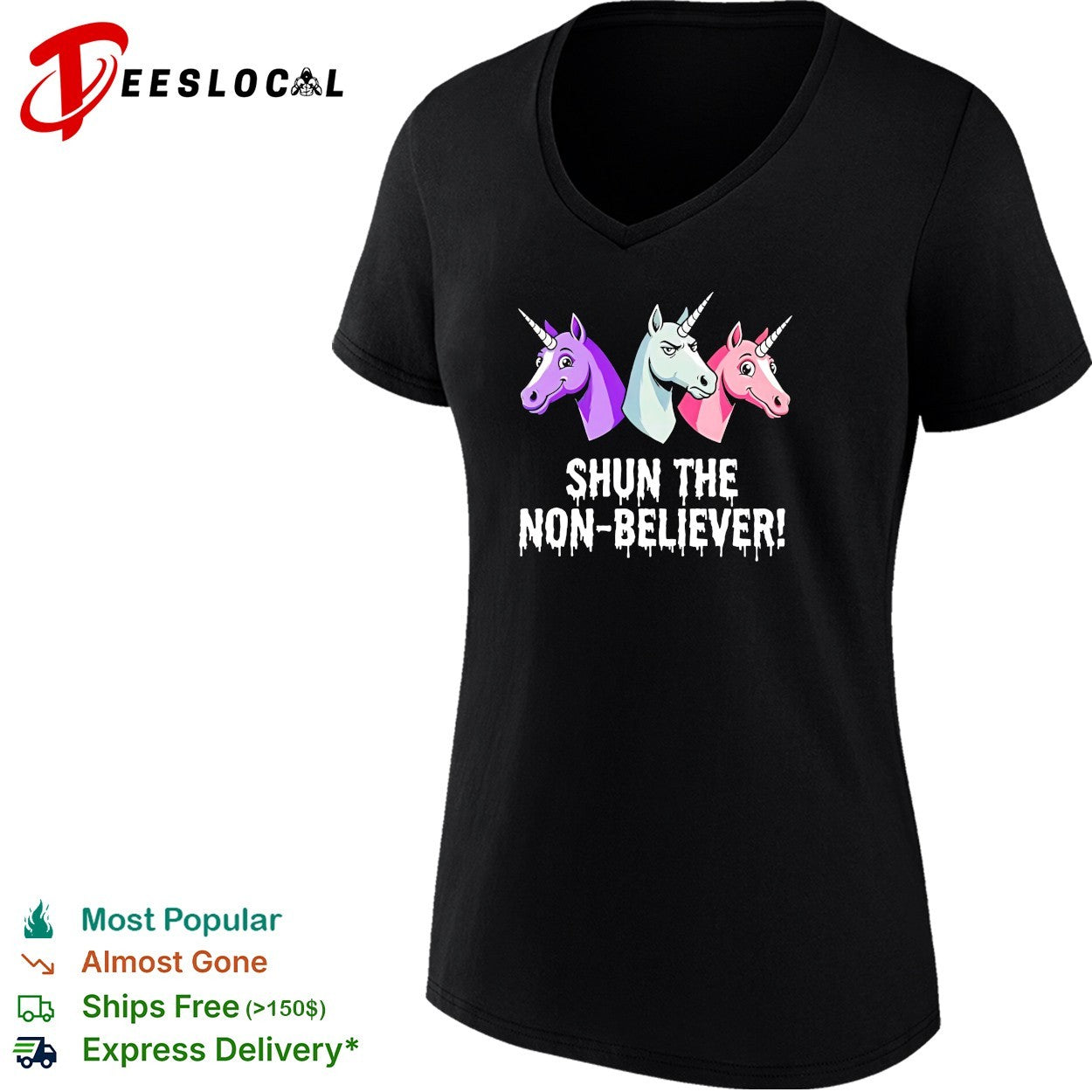 Three unicorns baring teeth glaring shun the non believer horror parody shirt