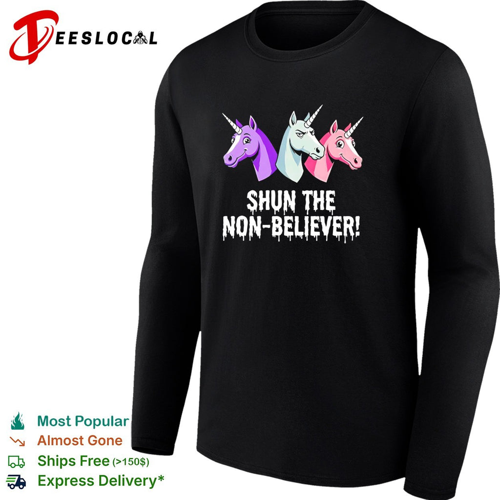 Three unicorns baring teeth glaring shun the non believer horror parody shirt