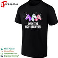 Three unicorns baring teeth glaring shun the non believer horror parody shirt