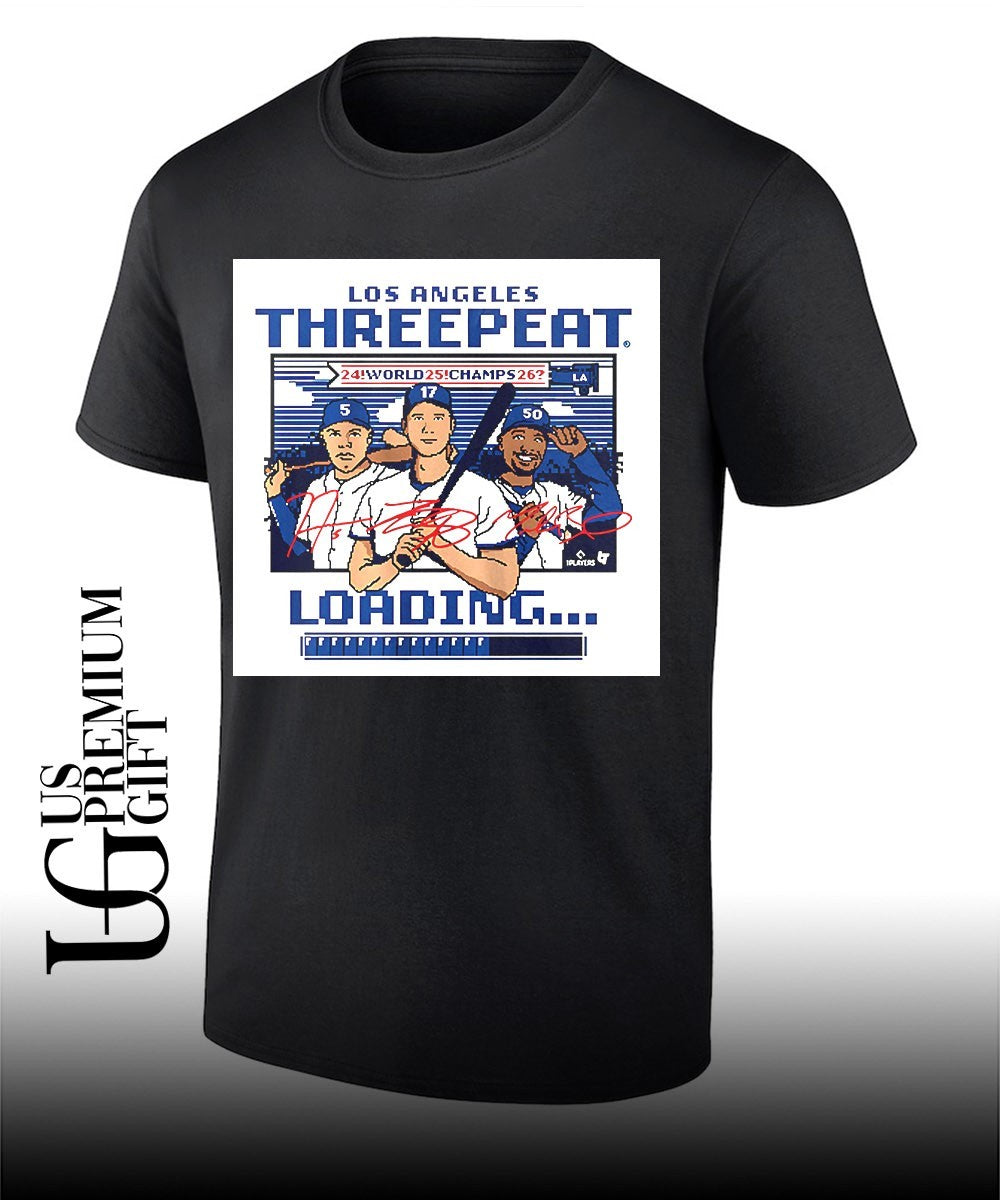 Threepeat loading 24 World 25 Champs 26 Los Angeles Dodgers MLB signature 8 bit shirt