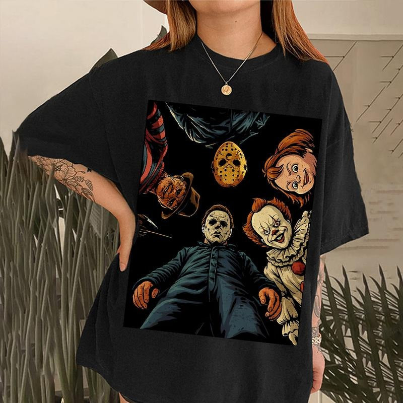 [Tiktok Shipping] Retro Halloween Characters Tshirt, Vintage Halloween Horror Movie Shirt, Trendy Graphic Scary Movie...