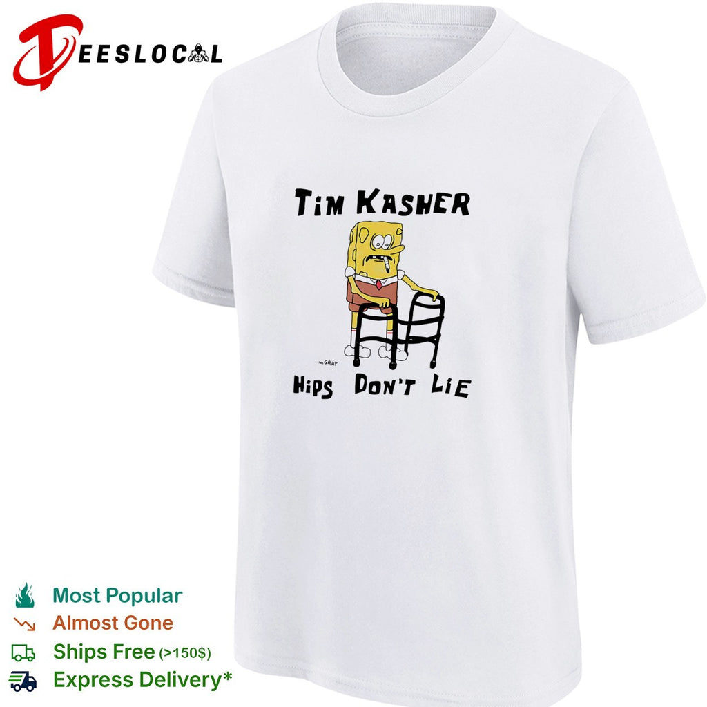 Tim Kasher SquarePants character with cigarette leaning on walker hips don’t lie shirt