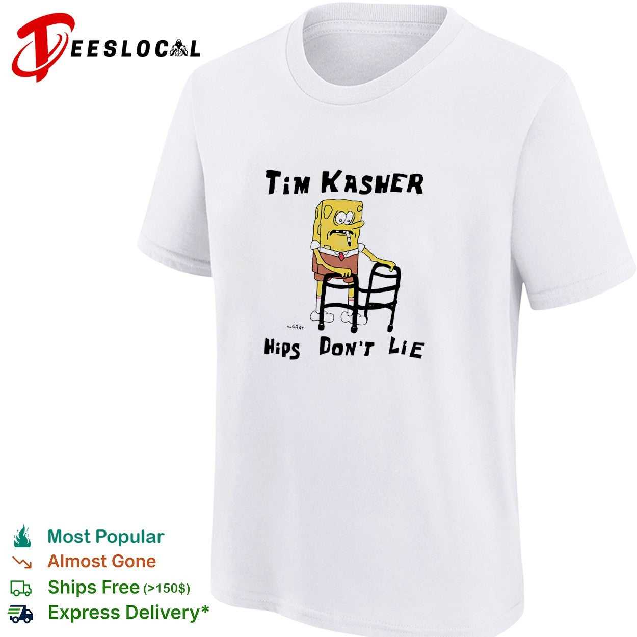 Tim Kasher SquarePants character with cigarette leaning on walker hips don’t lie shirt