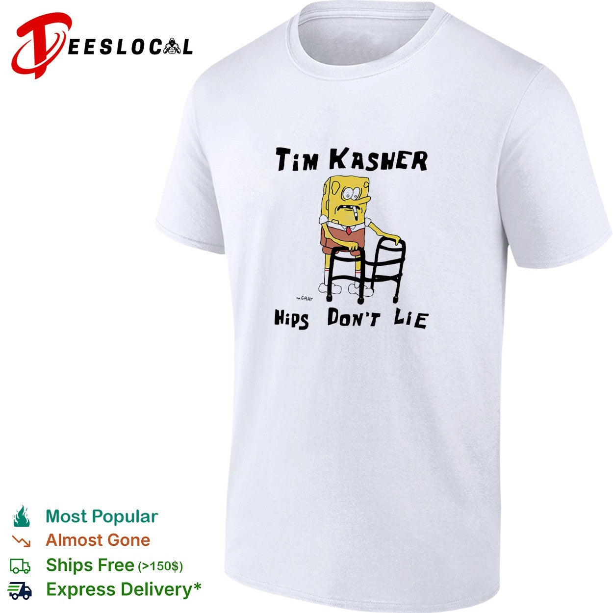 Tim Kasher SquarePants character with cigarette leaning on walker hips don’t lie shirt