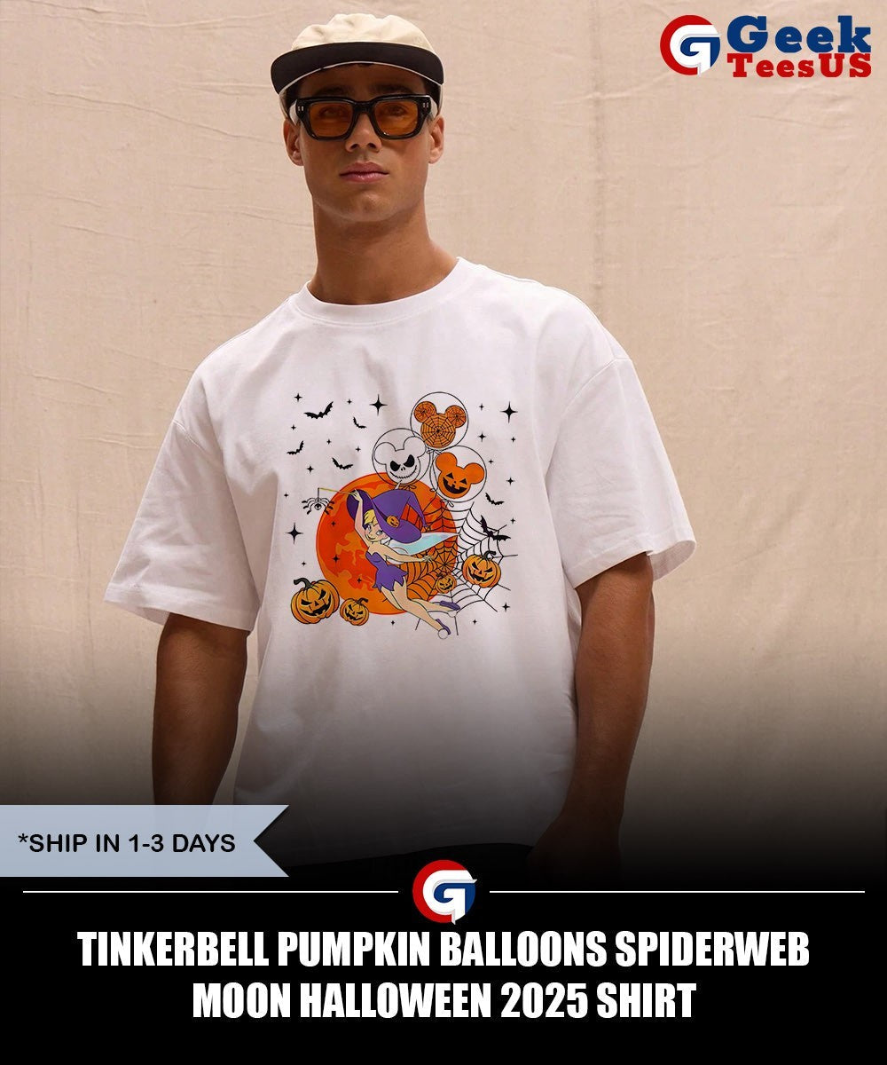 Tinkerbell pumpkin balloons spiderweb moon Halloween 2025 shirt