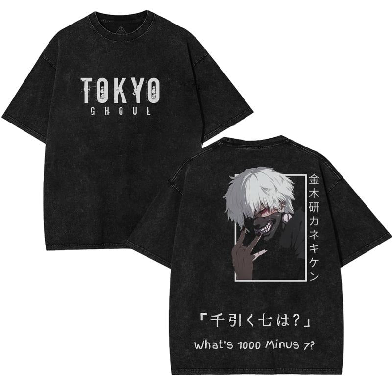 Tokyo Ghoul Ken Kaneki Intense Oversized Graphic T-Shirt, Premium Heavyweight Washed Cotton Tee, Dark Anime Streetwear for Otaku Fans, Edgy Vintage Manga Top Unisex Menswear Classic men Prints Seamless Smooth Casual Tshirt Crewneck Black Shortsleeve