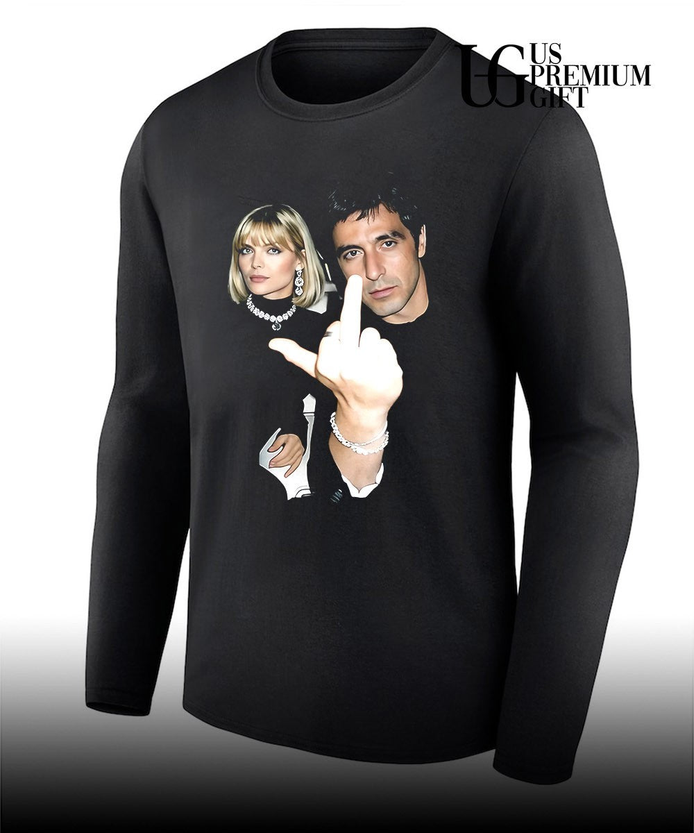 Tony Montana and Patti D’Arbanville middle finger shirt