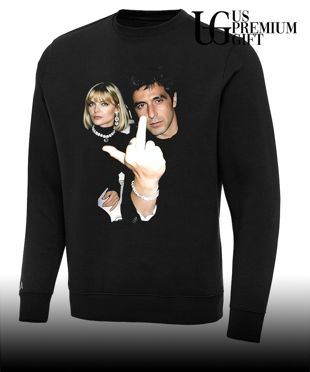 Tony Montana and Patti D’Arbanville middle finger shirt