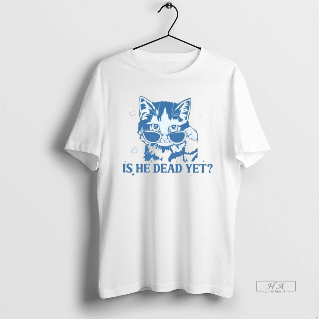 Trendy Is He Dead Yet Cat Sunglasses Mens White Tee