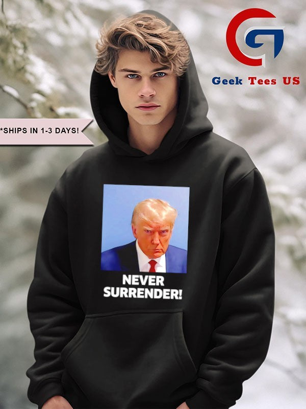 Trump never surrender mugshot in Koria shirt