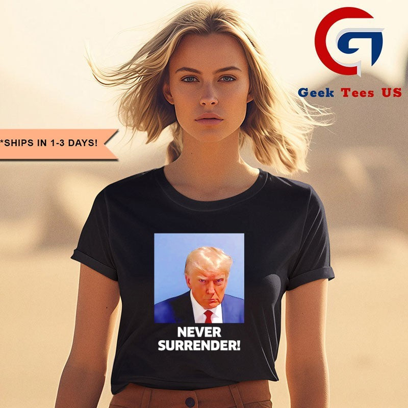 Trump never surrender mugshot in Koria shirt