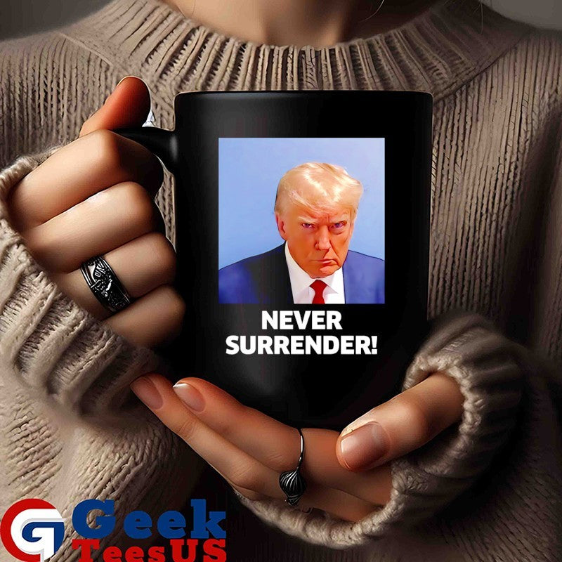 Trump never surrender mugshot in Koria shirt