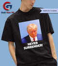 Trump never surrender mugshot in Koria shirt