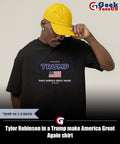 Tyler Robinson in a Trump make America Great Again shirt