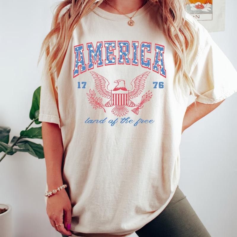 USA shirt, Summer BBQ t-shirt, Red White and Blue, America Tee, Land Of Free, Women's 4th of July, Fourth of July Shirt...