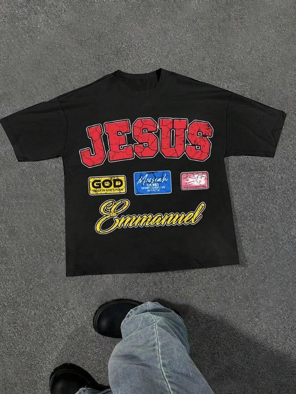 Unisex's Letter Print Round Neck Graphic Tee, Regular Fit Casual Short Sleeve T-shirt for Summer, Unisex Top for Daily Wear Menswear Vintage