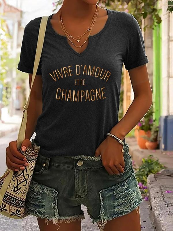 VIVRE D'AMOUR ET CE CHAMPAGNE Graphic T-Shirt for Women, Trendy Short Sleeve V-Neck Summer Tee, Casual Fitted Summer Top