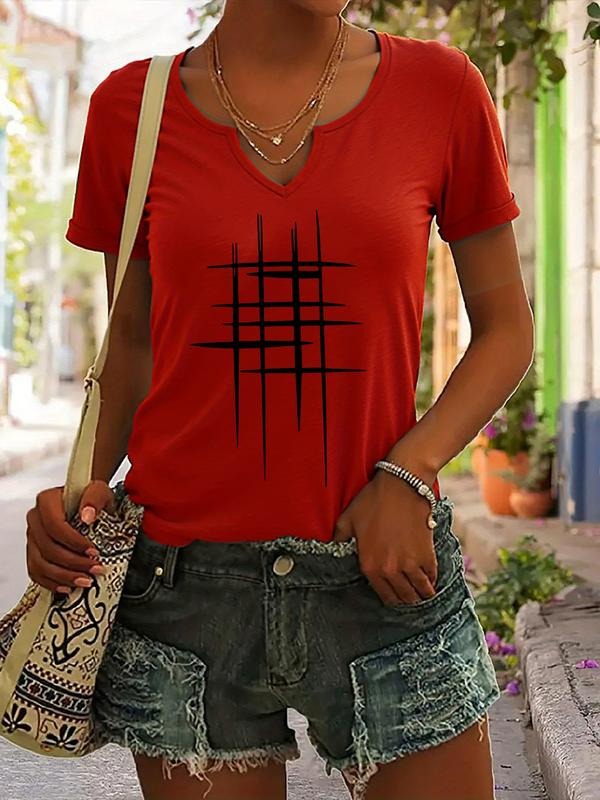 Vintage Abstract Pattern Printed T-Shirt for Women, Casual V Neck Short Sleeve Summer Top, Trendy Fashion Apparel